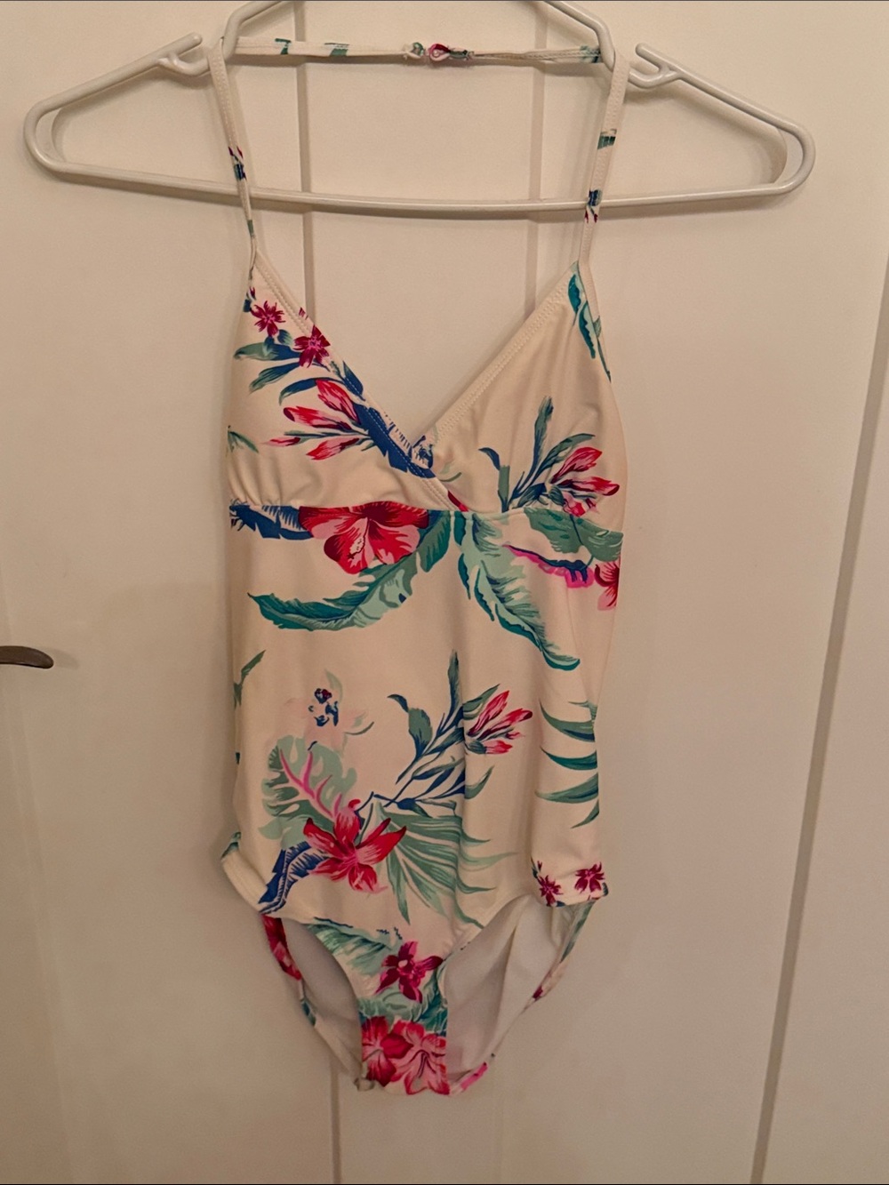 Floral One-Piece White Swimsuit / Bathing Suit with Pink & Teal Print